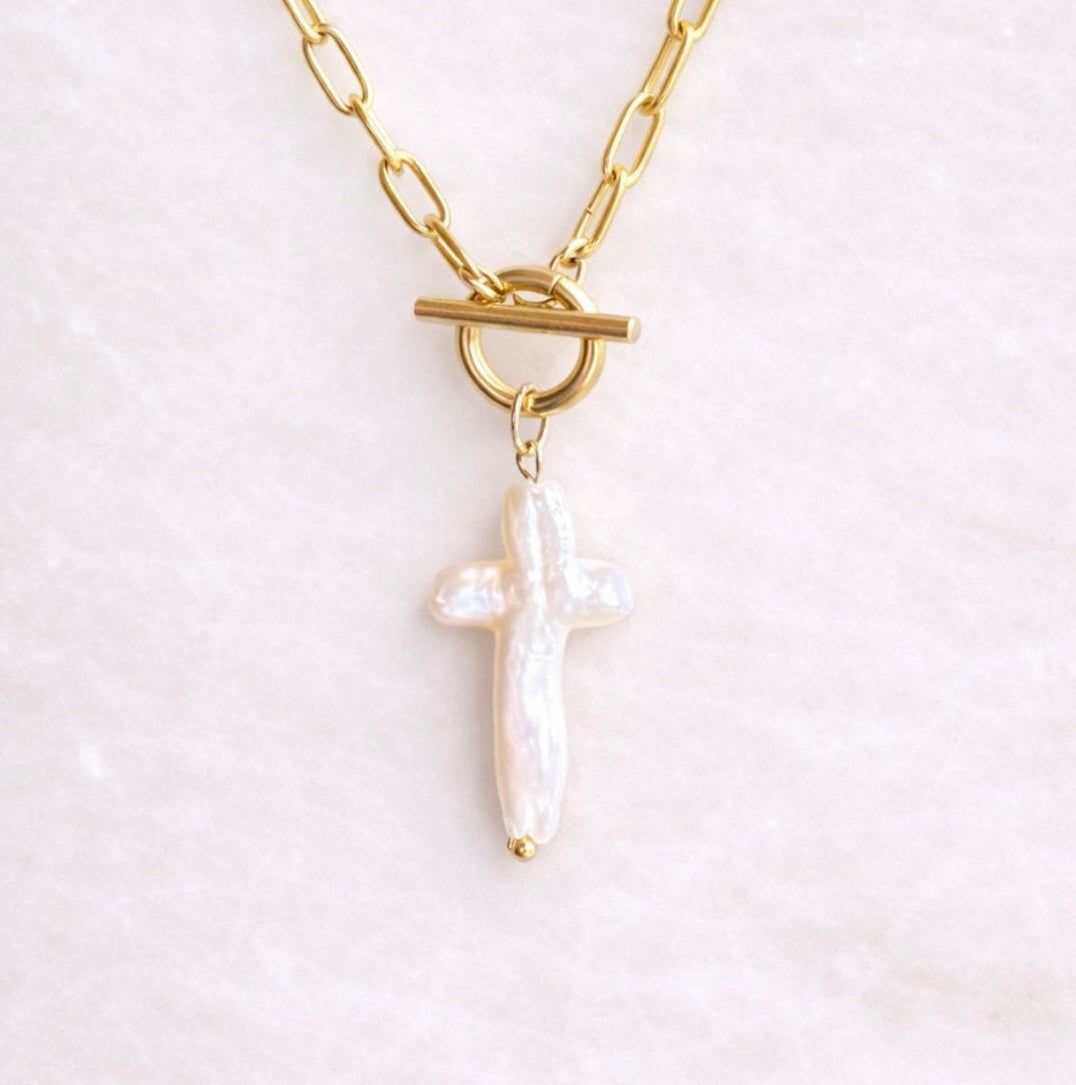 Pearl Cross Toggle Necklace