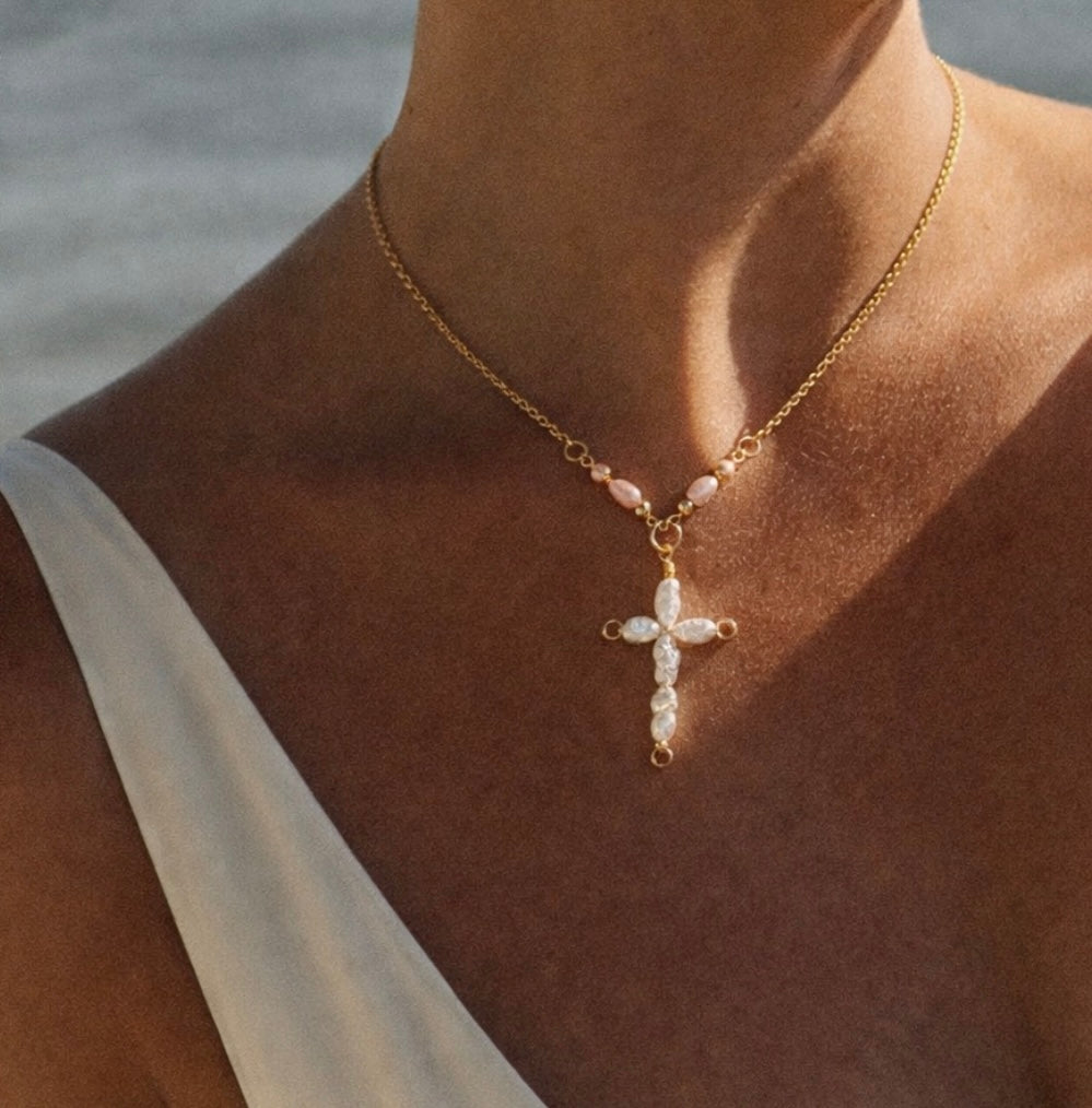 Blush Pearl Cross Necklace