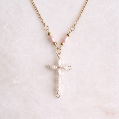 Blush Pearl Cross Necklace
