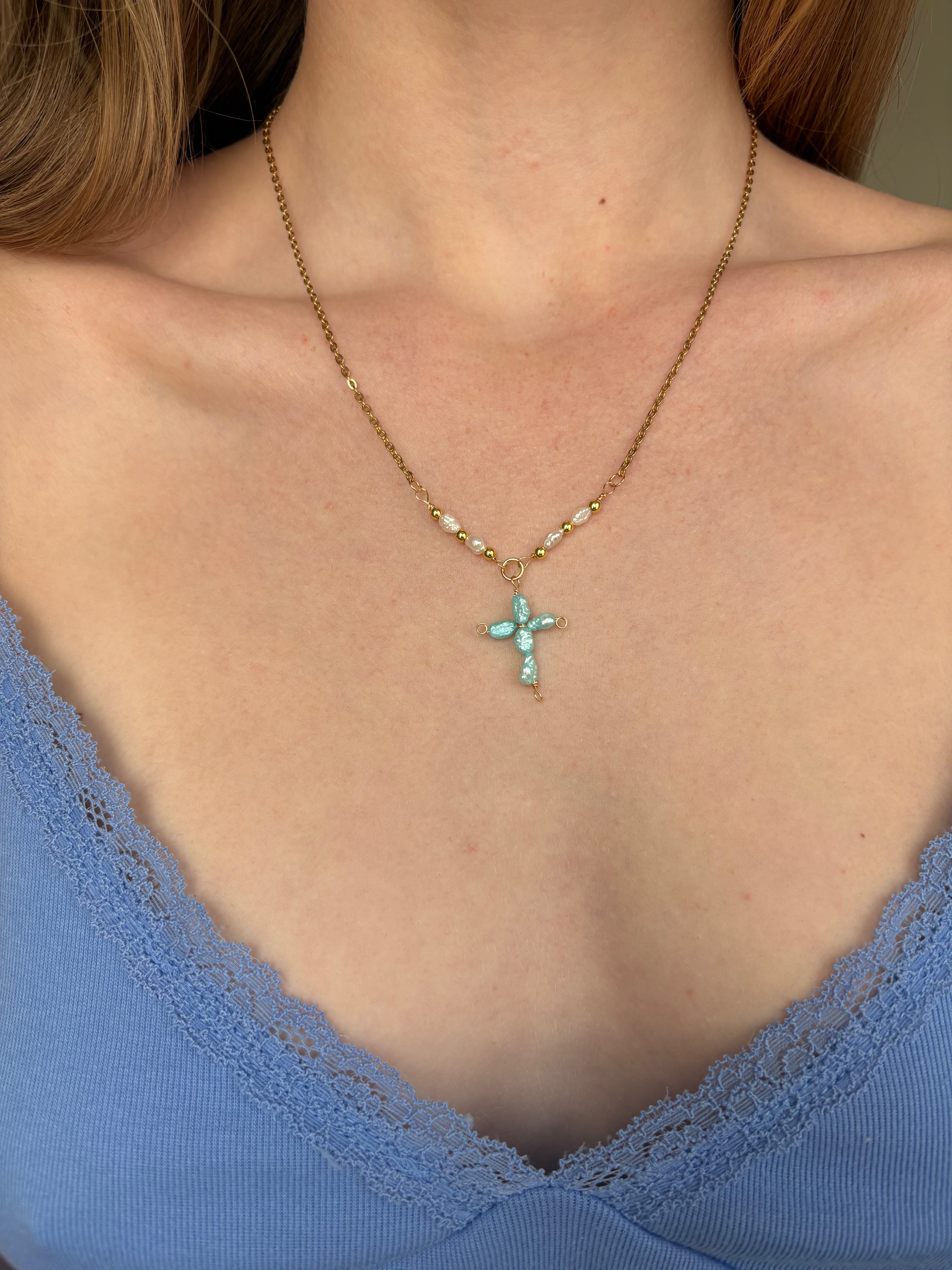 Turquoise Pearl Cross Necklace