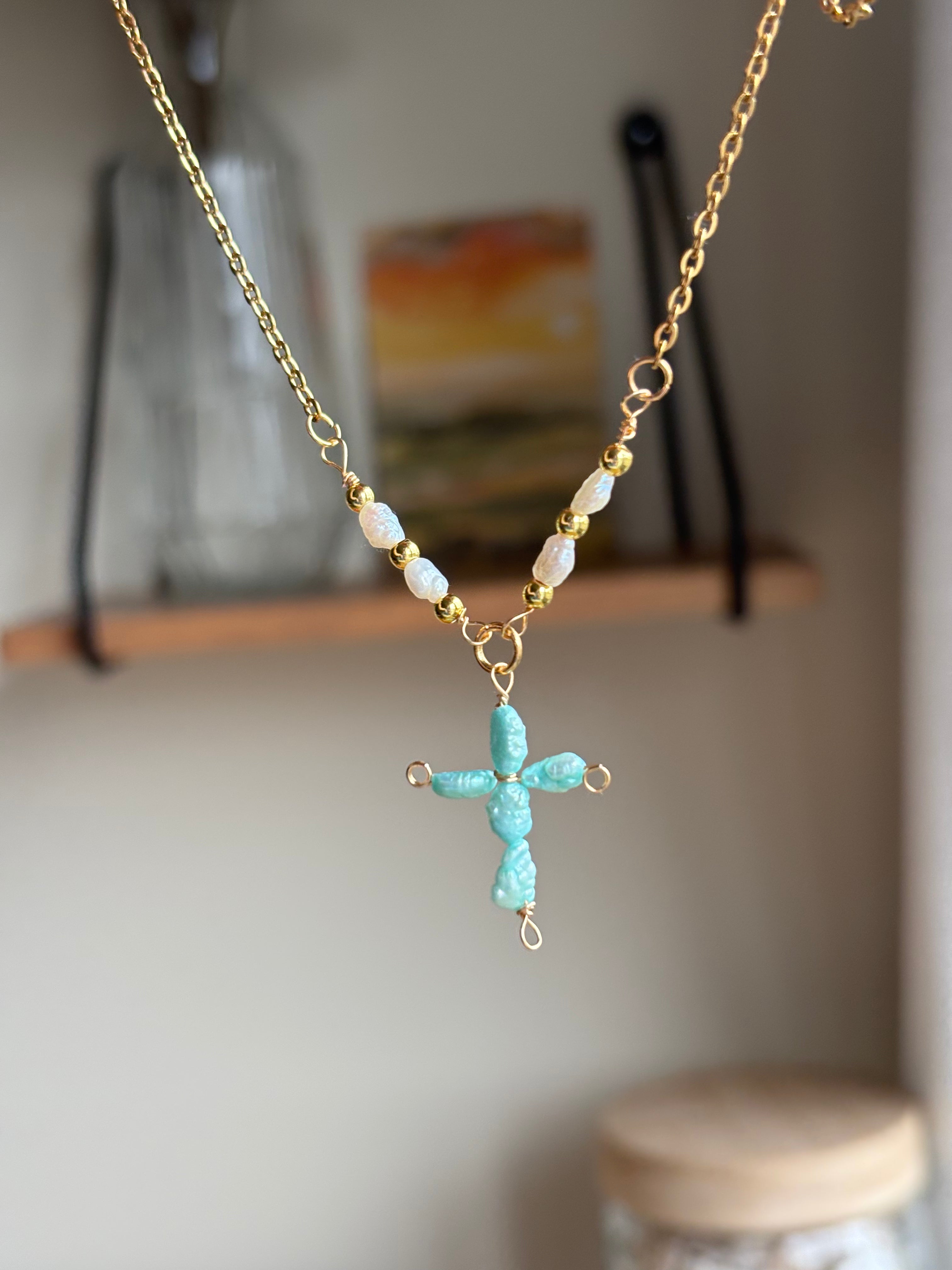 Turquoise Pearl Cross Necklace