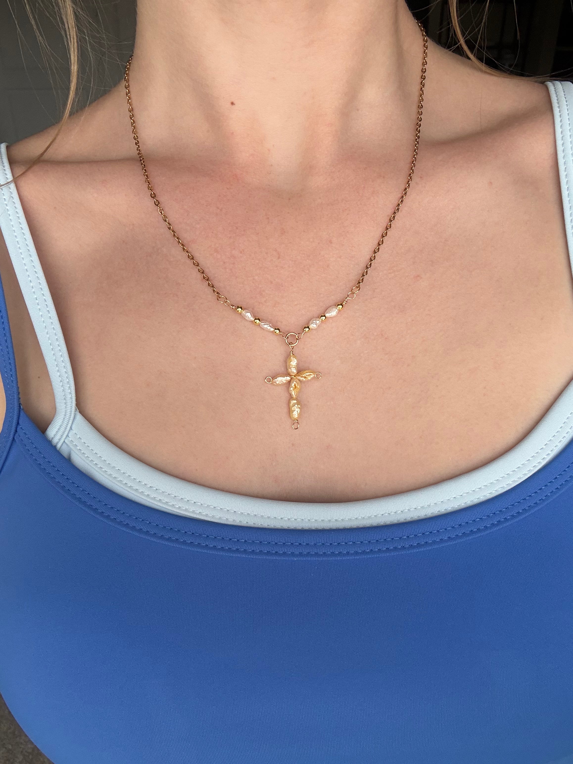 Butter Yellow Pearl Cross Necklace