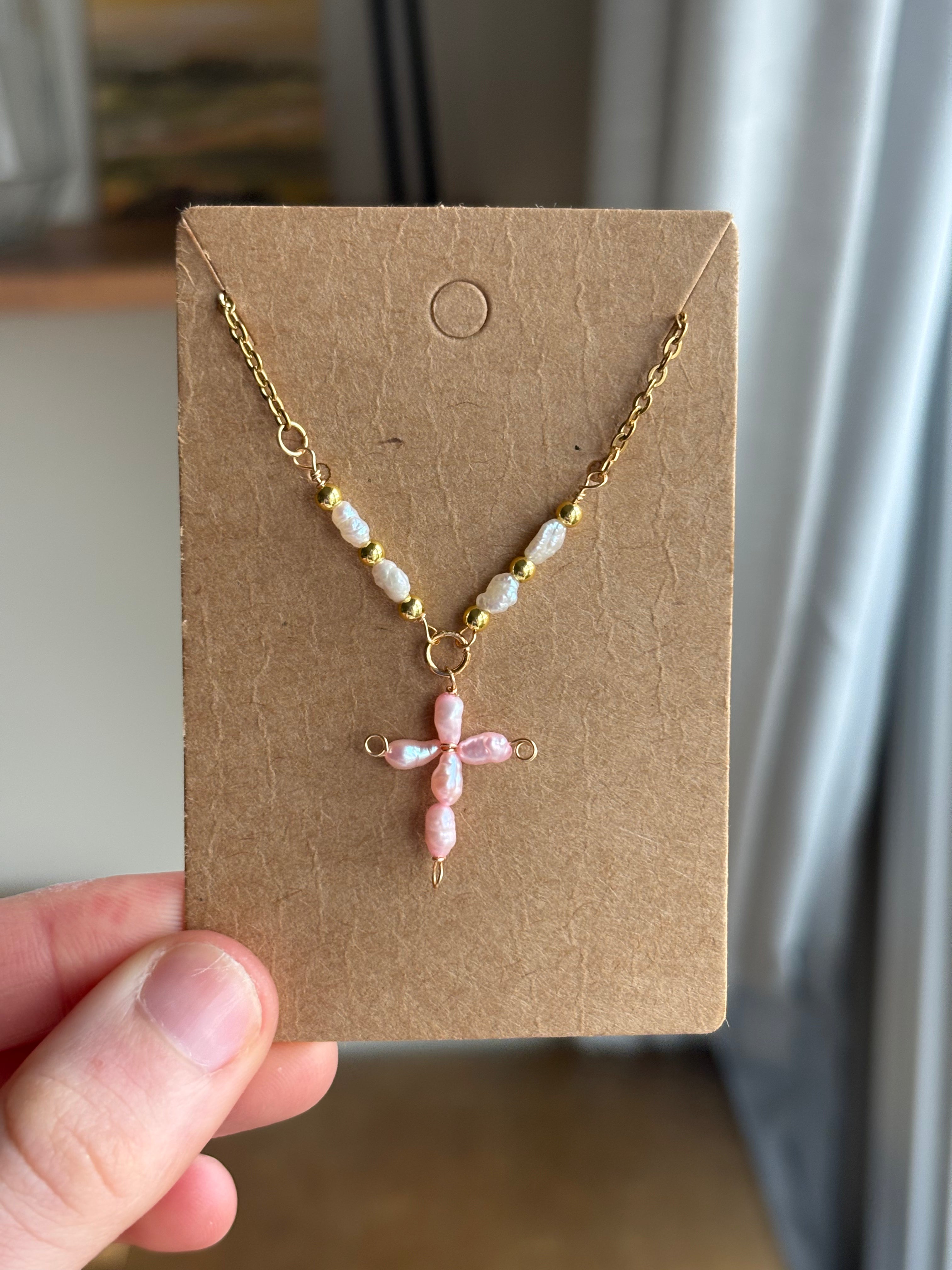 Pink Pearl Cross Necklace