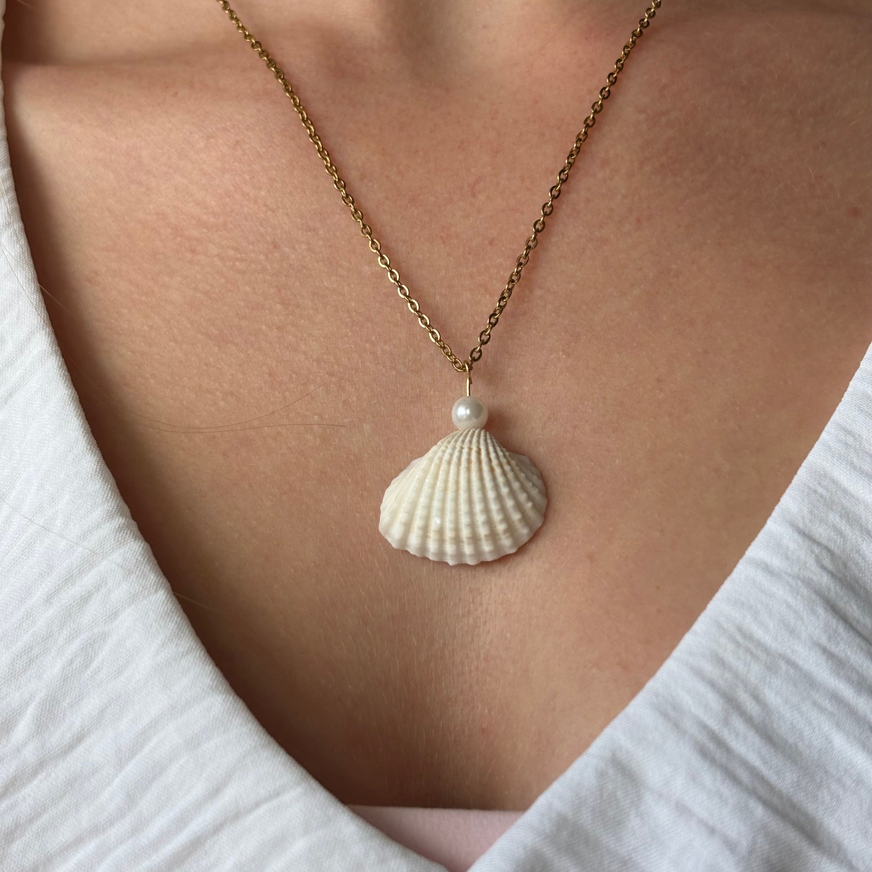 Shell and pearl pendant necklace with natural shell charm and freshwater pearl on gold-plated chain